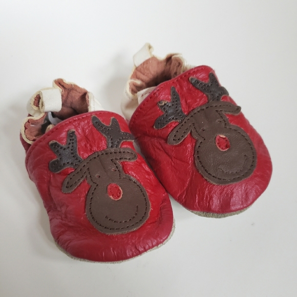 3/$20 Joe Fresh leather Christmas reindeer baby moccasin soft sole shoes 0-6M - Picture 2 of 9